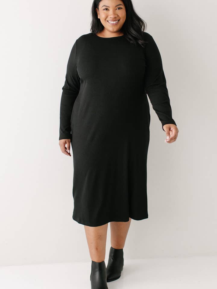 Black 'Constance' Bamboo Blend Ribbed Long Sleeve Midi Dress for wholesale on Faire3