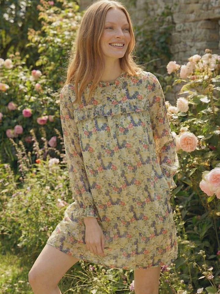 RUFFLE NECK LONG SLEEVE FLORAL DRESS for wholesale by Kori America