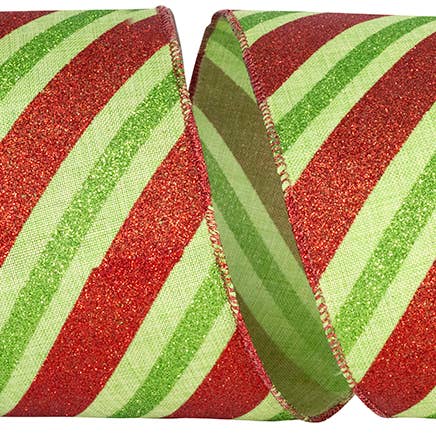 Diagonal Glitter Holiday Stripes Linen Wired Edge Green/red for wholesale by RELIANT RIBBON