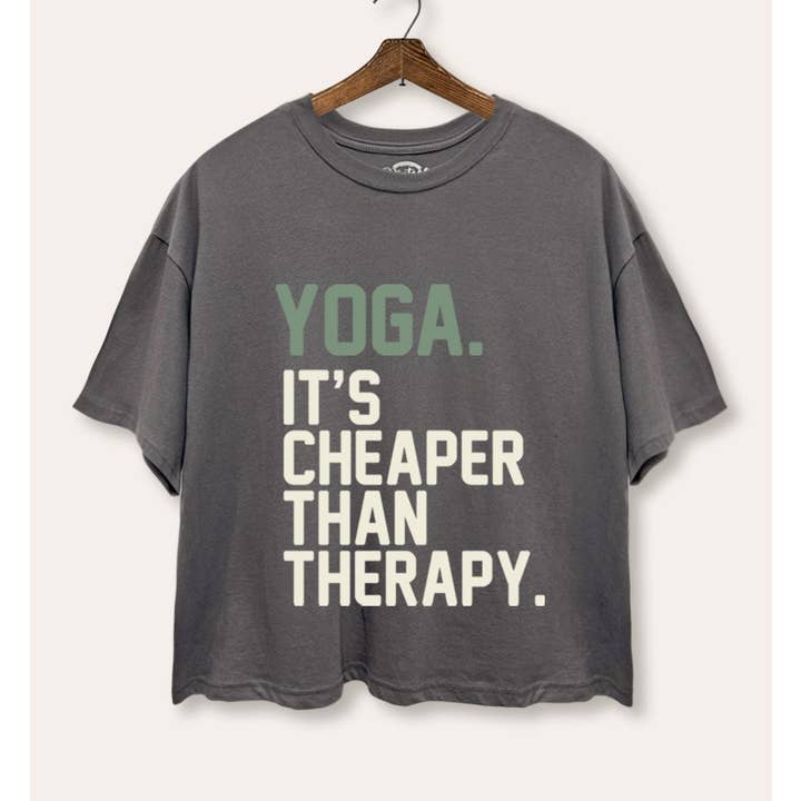 YOGA THERAPY TYPOGRAPHY BOXY CROP TOP for wholesale by VINTAGE POINT USA