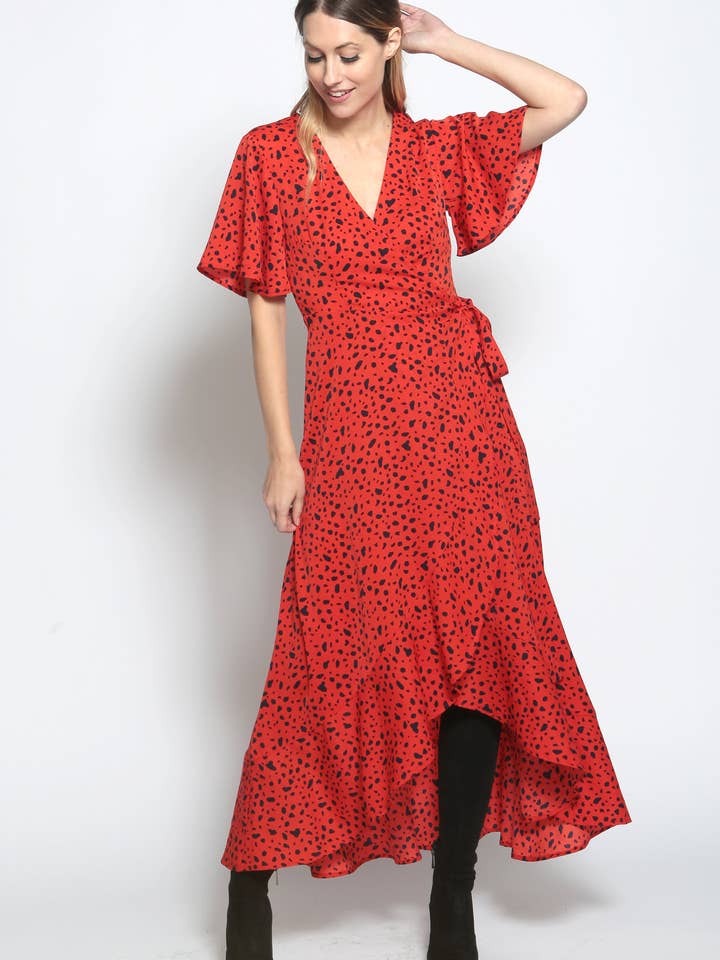 Robe cache-cœur à ourlet à volants et imprimé animalier pour la vente par Cutie London