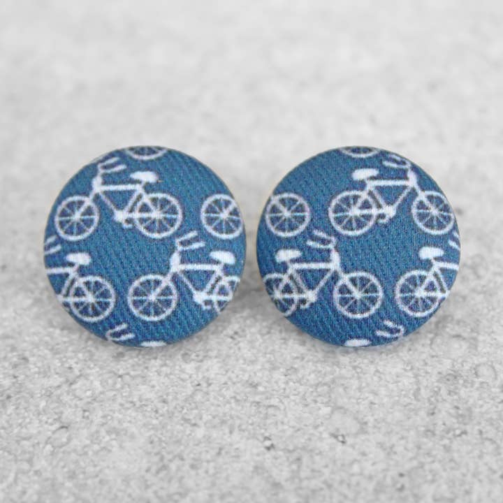 Rachel O's - Wholesale Stud/Post Earrings - Bold 7/8 Inch Tiny Navy Bikes Fabric Button Earrings