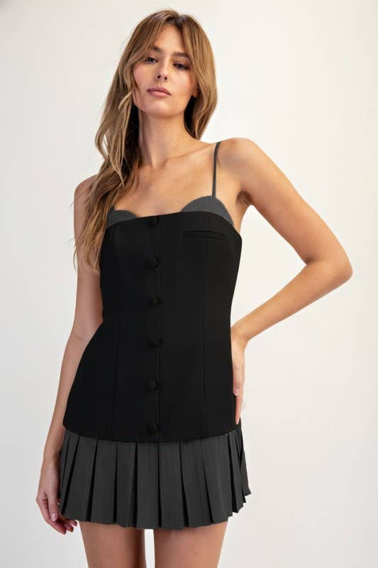 Edit by Nine - Wholesale Dress - Women's - Contrast Insert Mini Dress with Box Pleating Skirt0