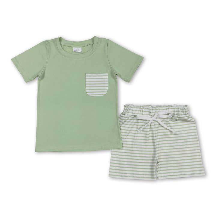 Short sleeves stripe pocket top shorts boys summer outfits for wholesale by Yawoo Garments