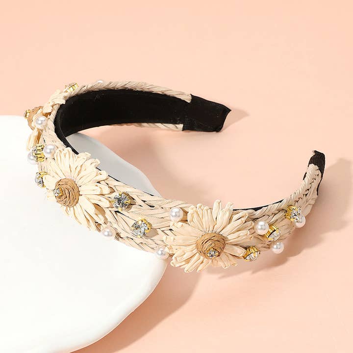 Sensibling Corp. - Wholesale Fashion Headband - Women's - Paper Flower Pearl Stone Cluster Raffia Braided Headband