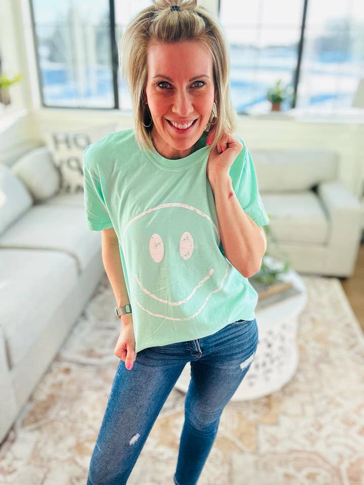 Fox and Owl Apparel - Wholesale Screen Printed T-Shirt - Women's - TRENDY RETRO SMILEY FACE NEON LIME SUMMER GRAPHIC TEE