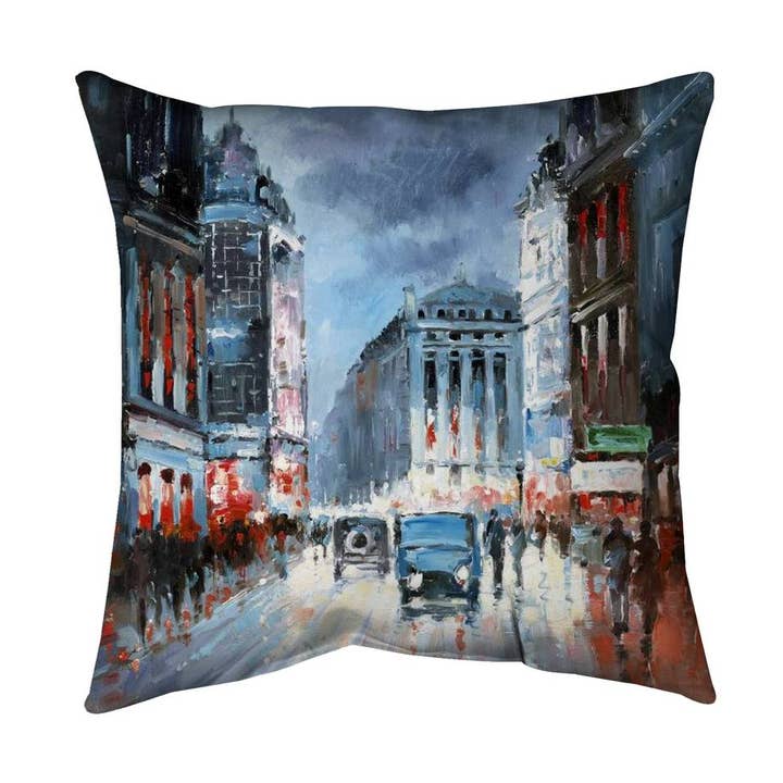 Cidade abstrata vermelha e azul | Travesseiro interno 18 “x 18" por atacado de BEGIN HOME DECOR