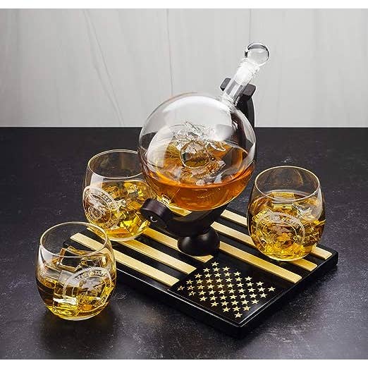 The Wine Savant / Khen Glassware - Vendita all'ingrosso Decanter - Set di bicchieri da whisky con globo del Corpo dei Marines degli Stati Uniti USMC - 4 bicchieri1