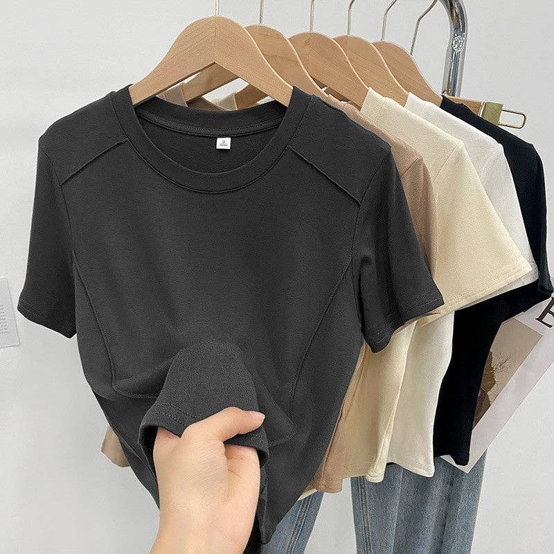 UZ Wholesale Store - Wholesale T-Shirt - Women's - Fishbone Round Neck Slim Fit Solid Color T-Shirt2
