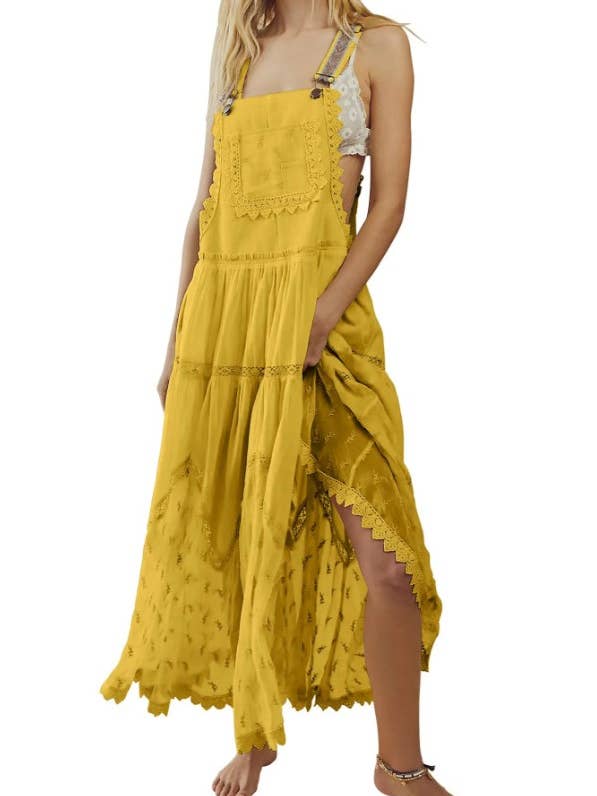 Rosa Clothing - Wholesale Overalls - Women's - Bohemian Flowy Lace tiered Bib Maxi Dress
