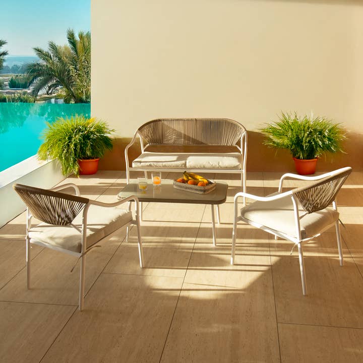 Now's Home - Wholesale Patio Set - WHITE STEEL AND SYNTHETIC RATTAN GARDEN SET SANTORINI2