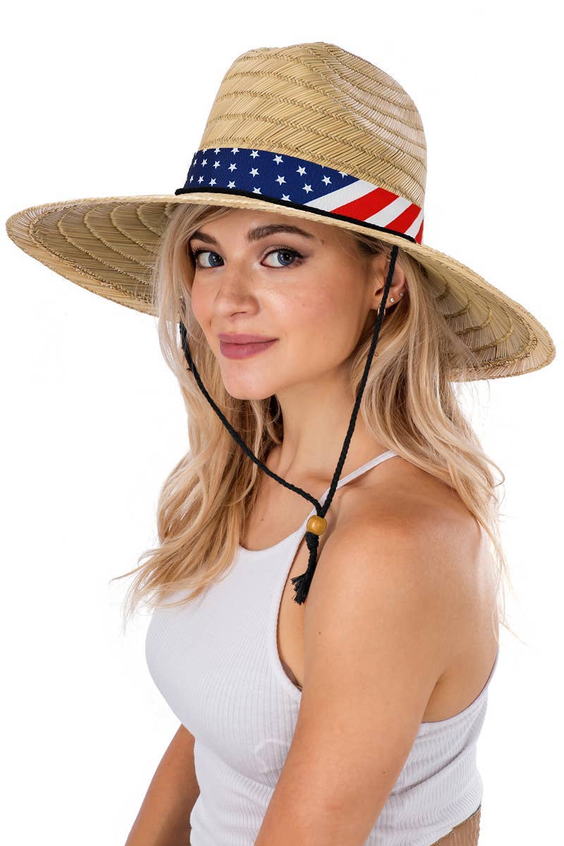 COME MOSTRATO Cappello da bagnino in paglia con banda larga con bandiera americana in vendita all'ingrosso su Faire0