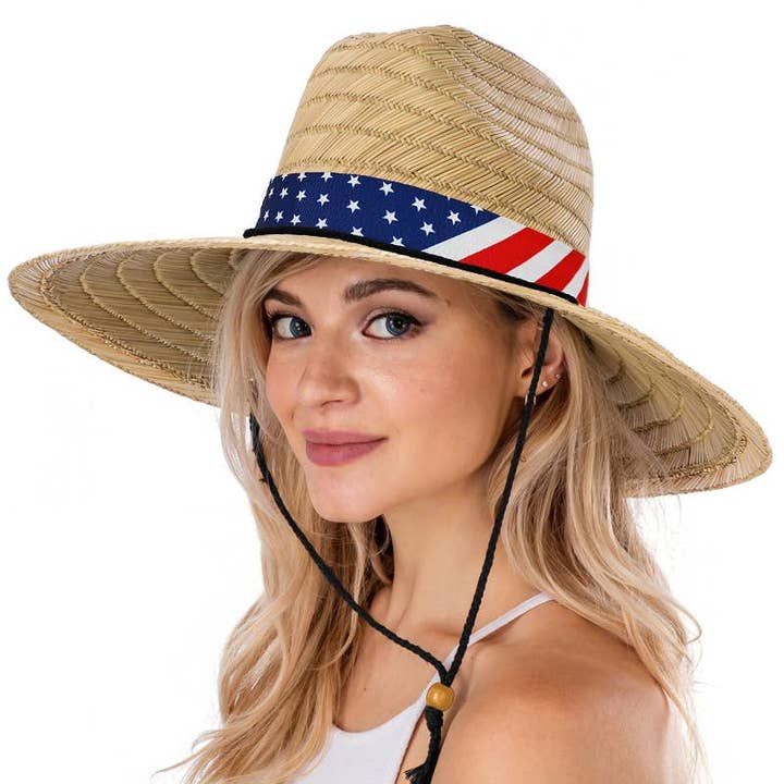 COME MOSTRATO Cappello da bagnino in paglia con banda larga con bandiera americana in vendita all'ingrosso su Faire0