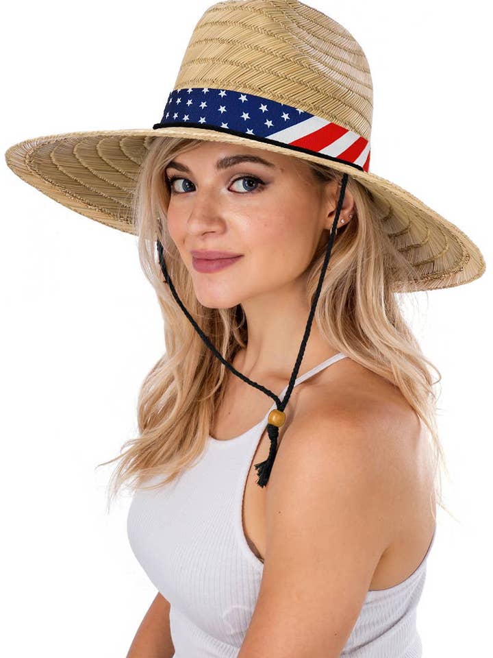 American Flag Band Wide Rush Straw Lifeguard Hat for wholesale by Cap Zone