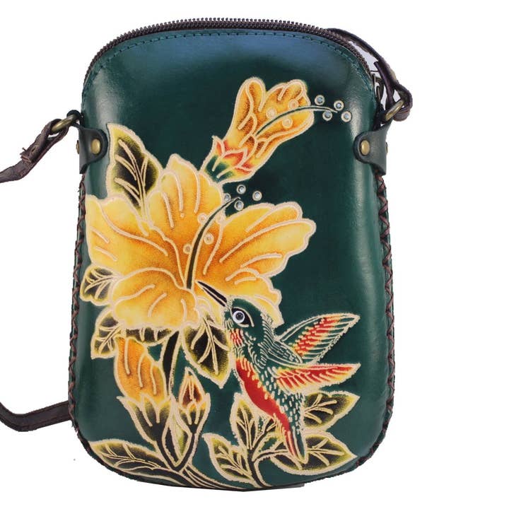 leather Rectangle Hummingbird crossbody shoulder bags for wholesale by Sunflower Handmade leather inc