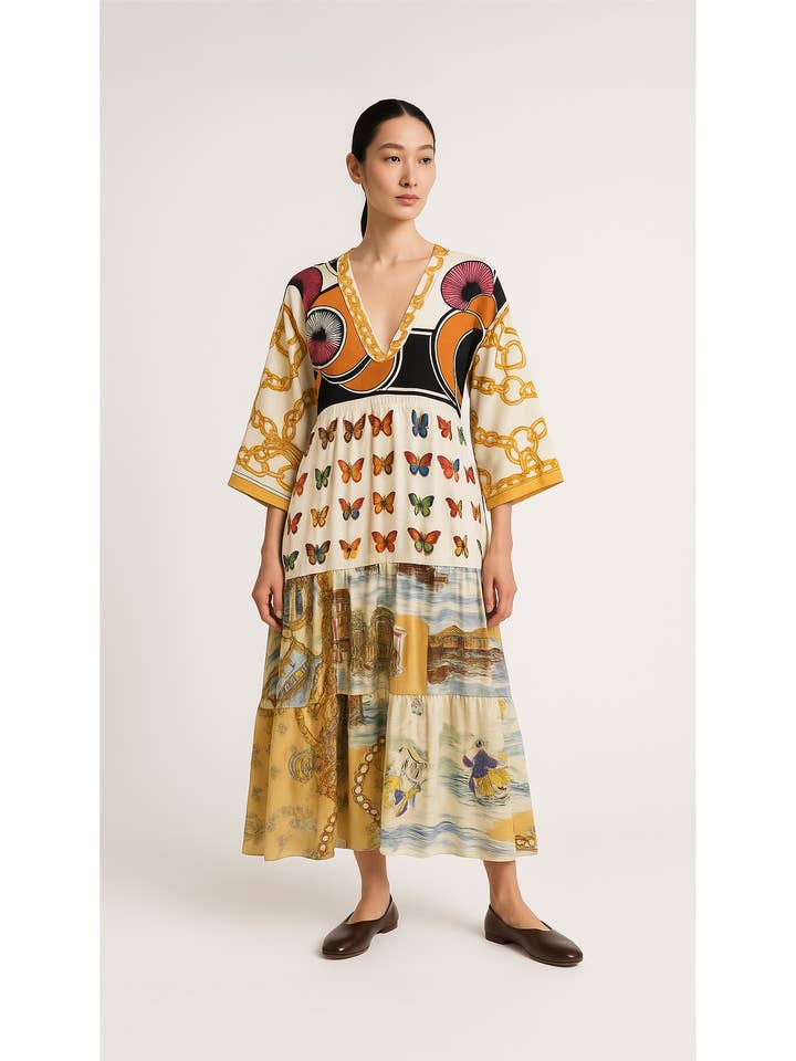 Beige & Co Thai Crafts - Wholesale Dress – Women's - Upcycled Silk Scarf Patchwork Maxi Dress – One-of-a-Kind 2