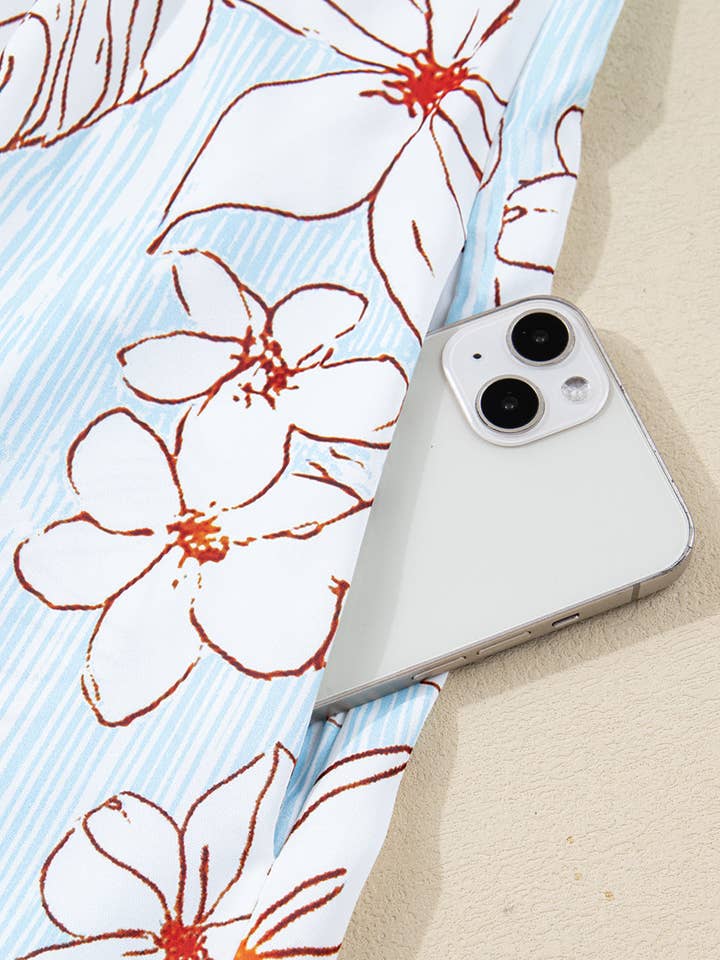 Brown Floral Print Tie Neck 3/4 Sleeve Mini Dress for wholesale on Faire4