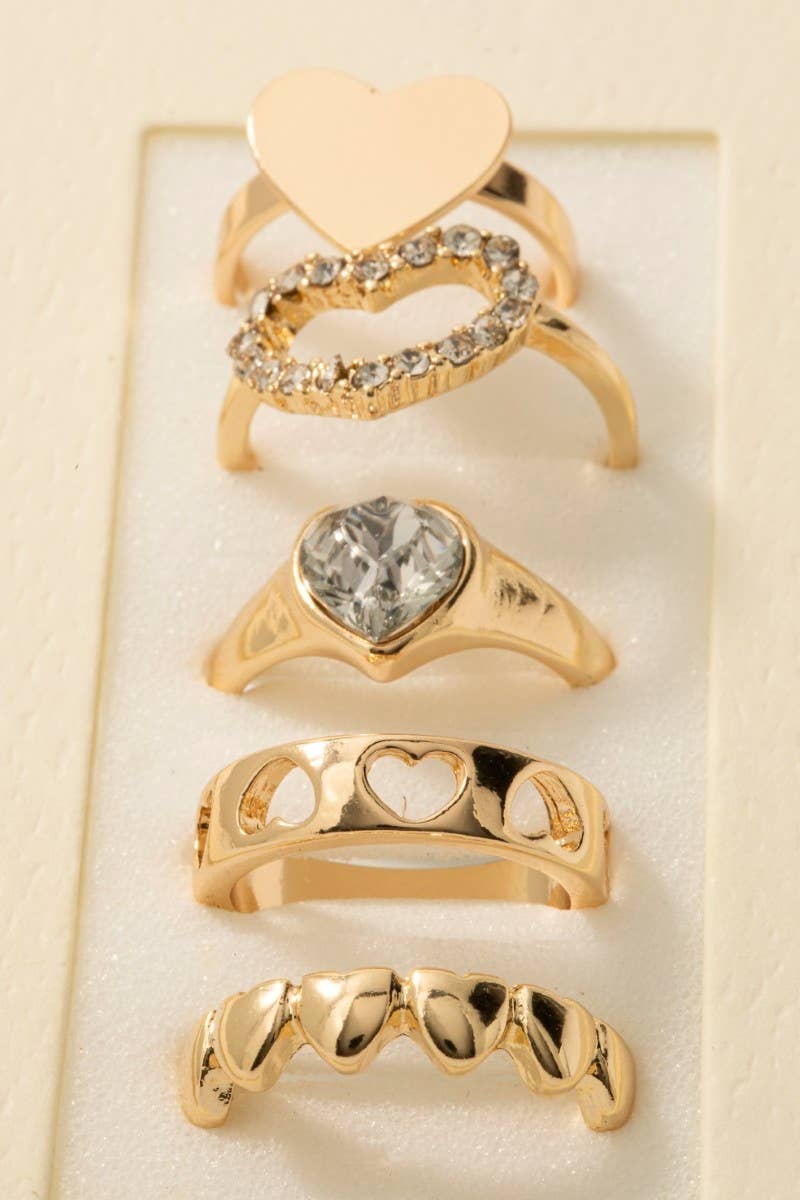 Fame Accessories - Wholesale Band/Stacked Ring - 5Pc Mixed Heart Style Band Rings Set2