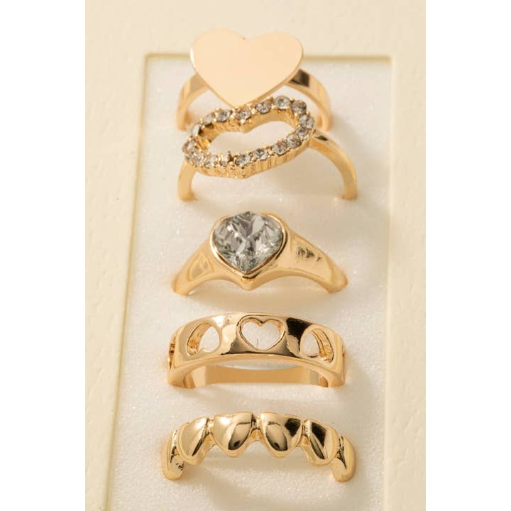 Fame Accessories - Wholesale Band/Stacked Ring - 5Pc Mixed Heart Style Band Rings Set2