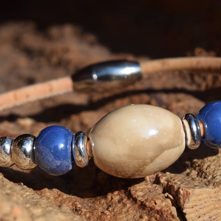 Beige and Violet Blue Beaded Cork Bracelet for wholesale by Cork Tree Designs