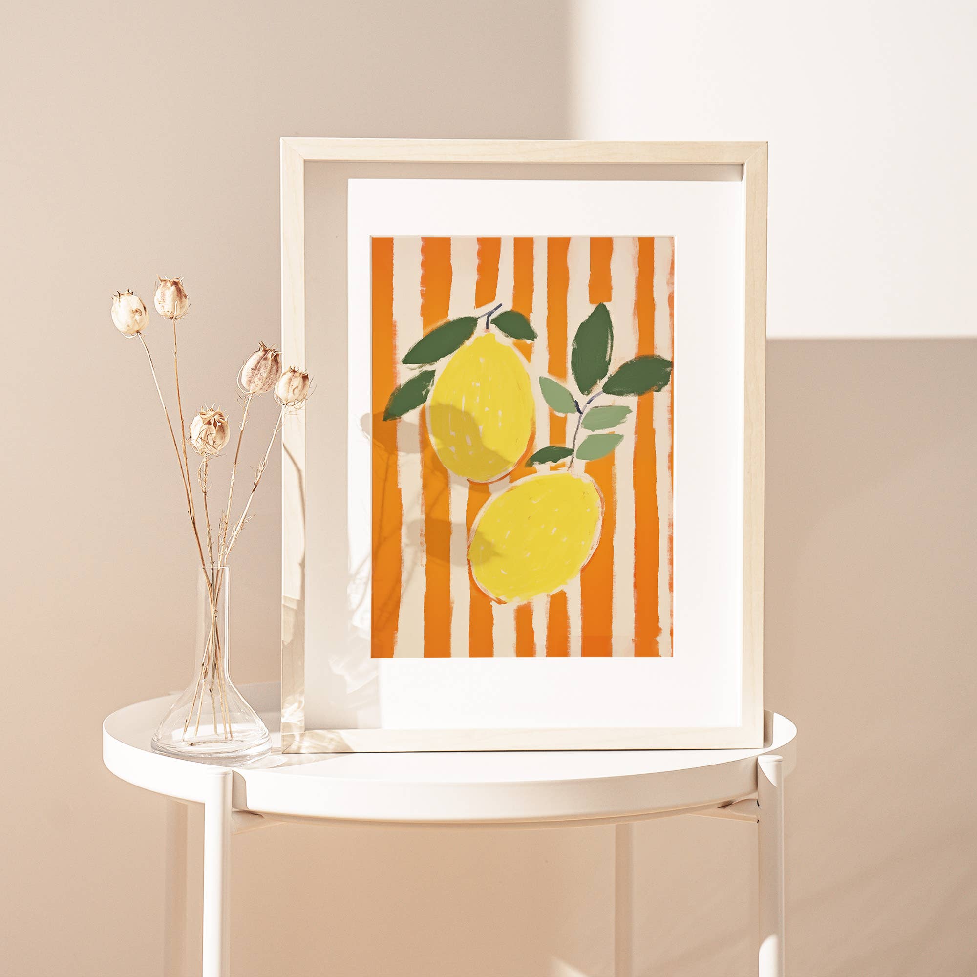 Sugar & Canvas - Wholesale Art Print - Lemons on Orange Stripes Aesthetic Art Print MA1337