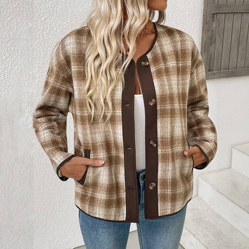 Khaki autumn and winter plush all-match top plaid coat retro for wholesale on Faire5