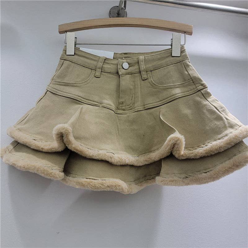 Sanyao Fashion – wholesale Skirt – Women’s – 1M260 Retro Fur-Trimmed Denim Layered Skirt for Autumn0