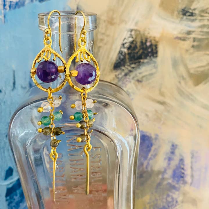 Gemstone Dangle Earrings "Single drop" in amethyst for wholesale by Waterlily