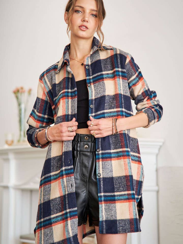 ADORA LA - Wholesale Shirt Jacket/Shacket - Women’s - CEJ1987A-CHECK FLANNEL SHIRT JACKET LONG SLEEVE12