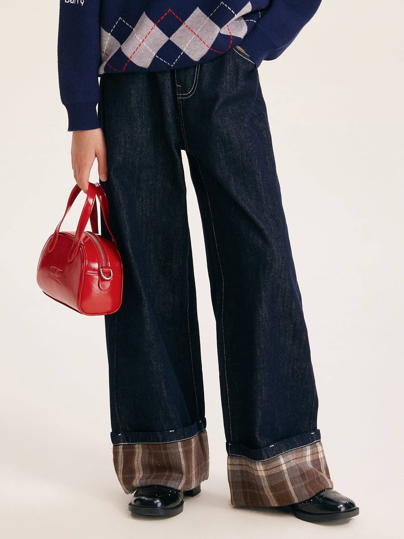 Blu Jeans a zampa casual a quadri per ragazze. in vendita all'ingrosso su Faire1