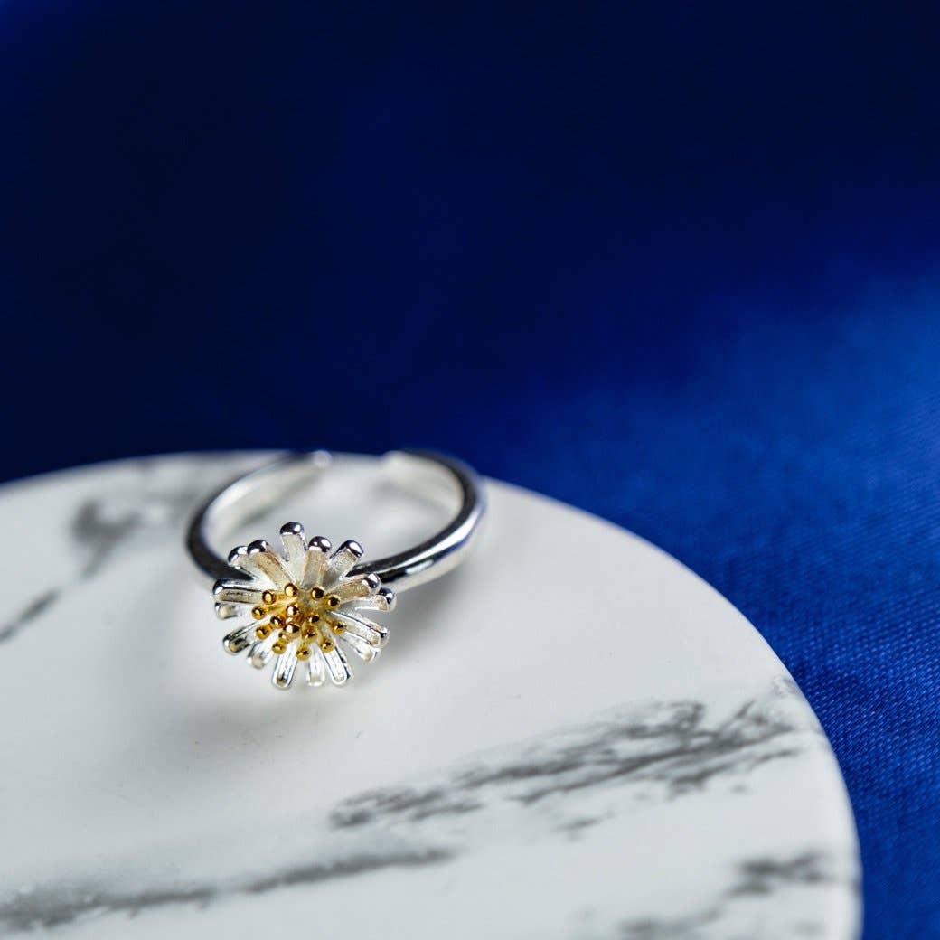 The Colourful Aura – wholesale Single stone/solitaire ring – Silver Sunflower Daisy Tiny Slim Adjustable Floral Stackable Ring7