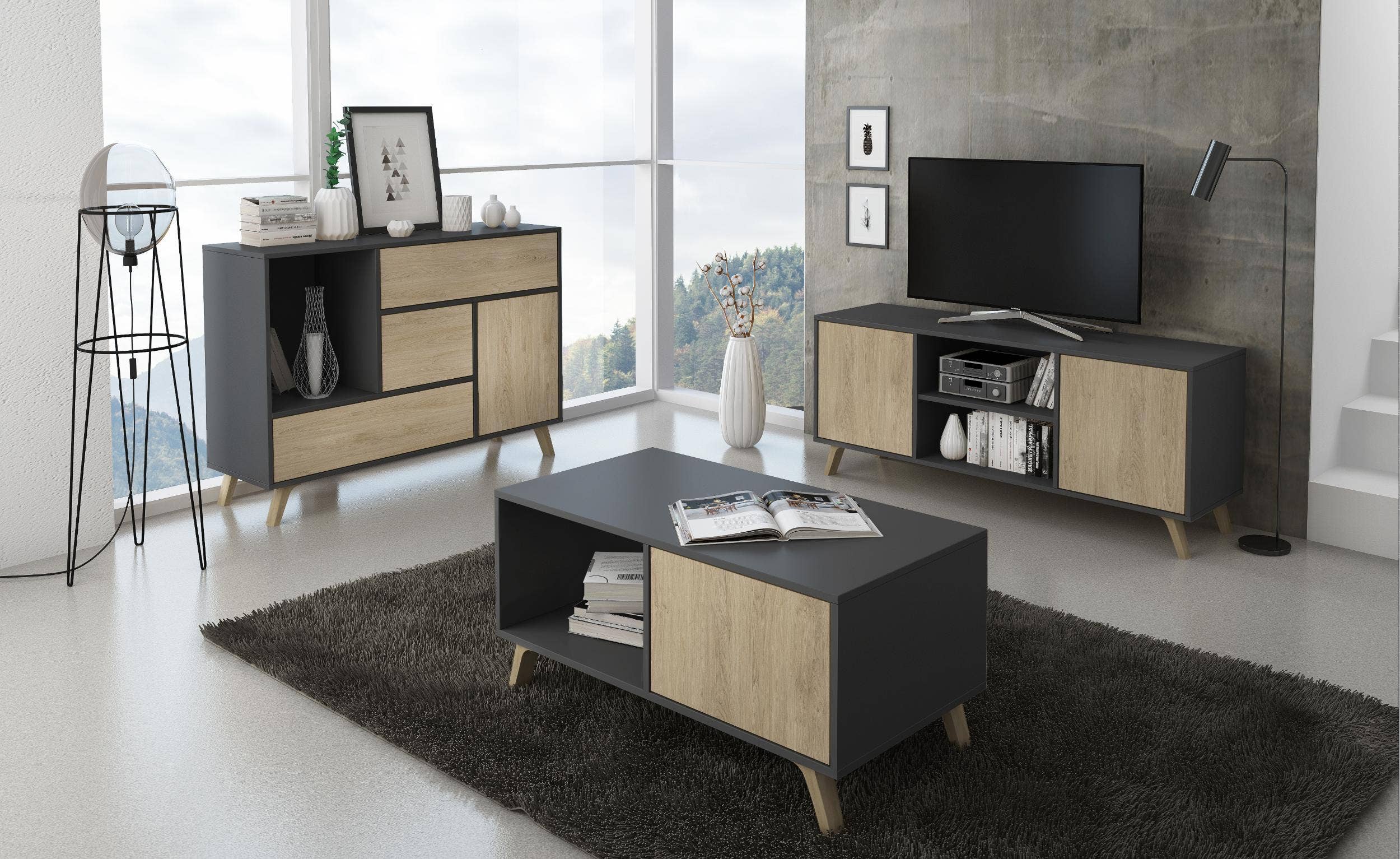 REMOVED BRAND - Vente Console - Meuble TV 100 avec porte gauche, salon, modèle WIND, couleur de structure gris anthracite, couleur de porte Puccini, dimensions 95x40x57 cm de hauteur.3