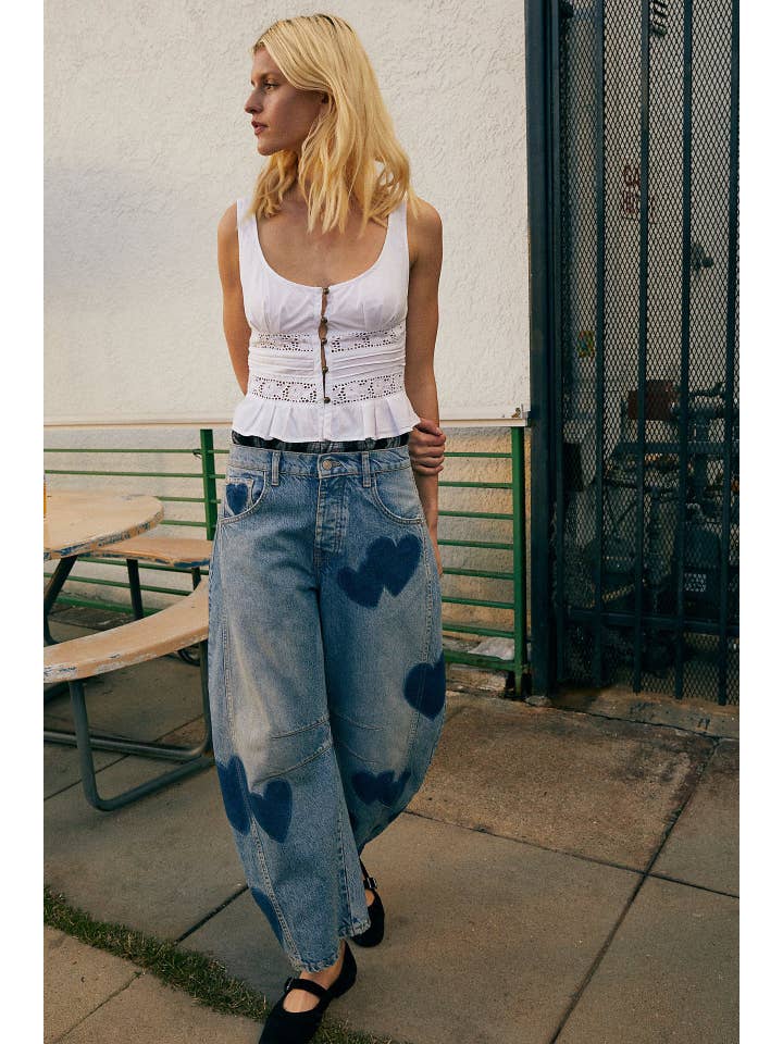 Hearts Vintage Heart Pattern Loose Denim Wide Leg Pants for wholesale on Faire