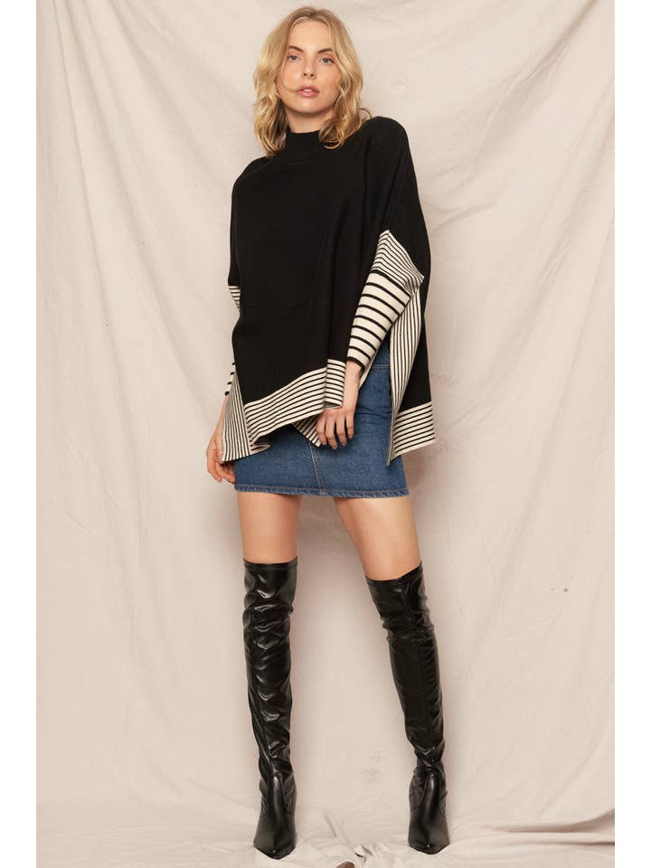 Black Oversized Striped Knit Cape Sweater for wholesale on Faire