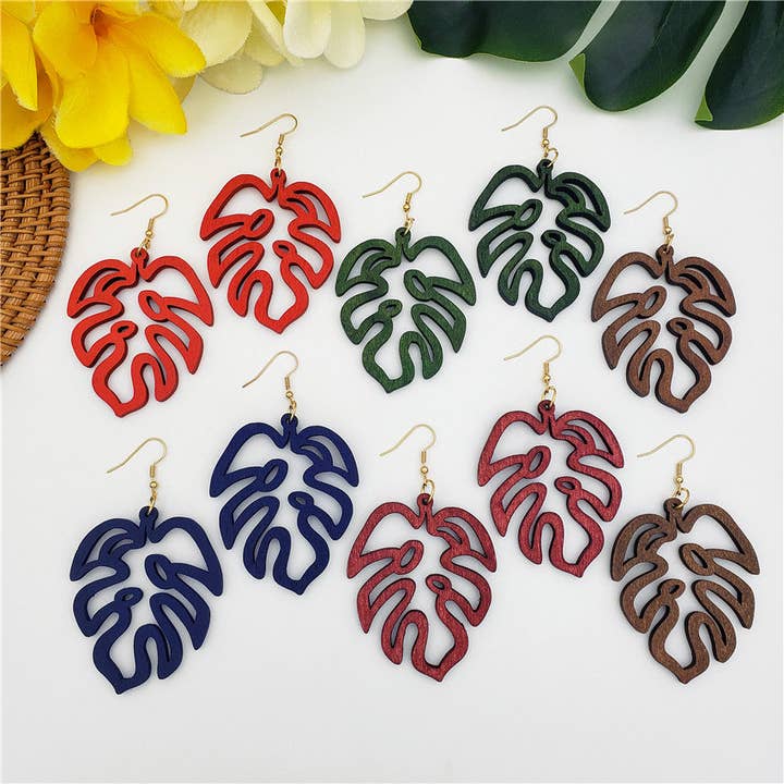Hawaiian Wooden Monstera Leaf Earrings In Different Colors for wholesale by S&T Collections