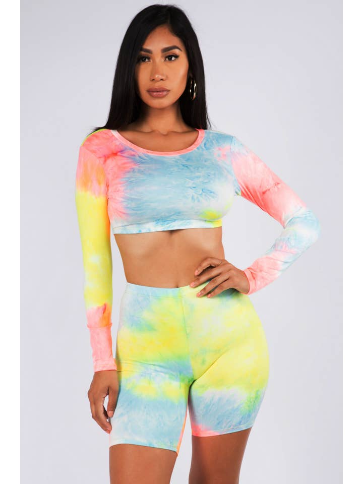 Blue Yellow Contemporary Tie Dye Crop Top & Shorts Set 5BSET-T11-1-NEW for wholesale on Faire8