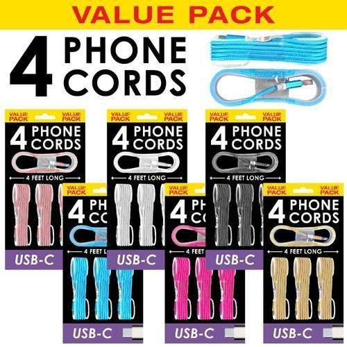 Deluxe Import Trading - Wholesale Charging Cable - Value Pack Cell Phone Cords For Type-C. 4 Pack