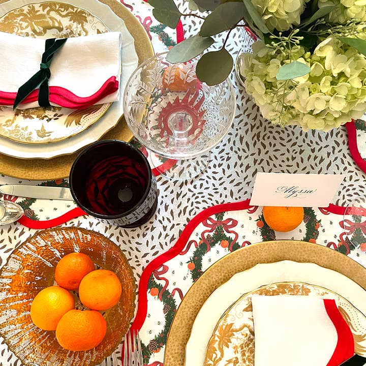 Frances Fields Home, formerly Fenwick Fields - Wholesale Placemat - Round Scalloped Placemat | Holiday Wreath - Rosebud (4-pack)1