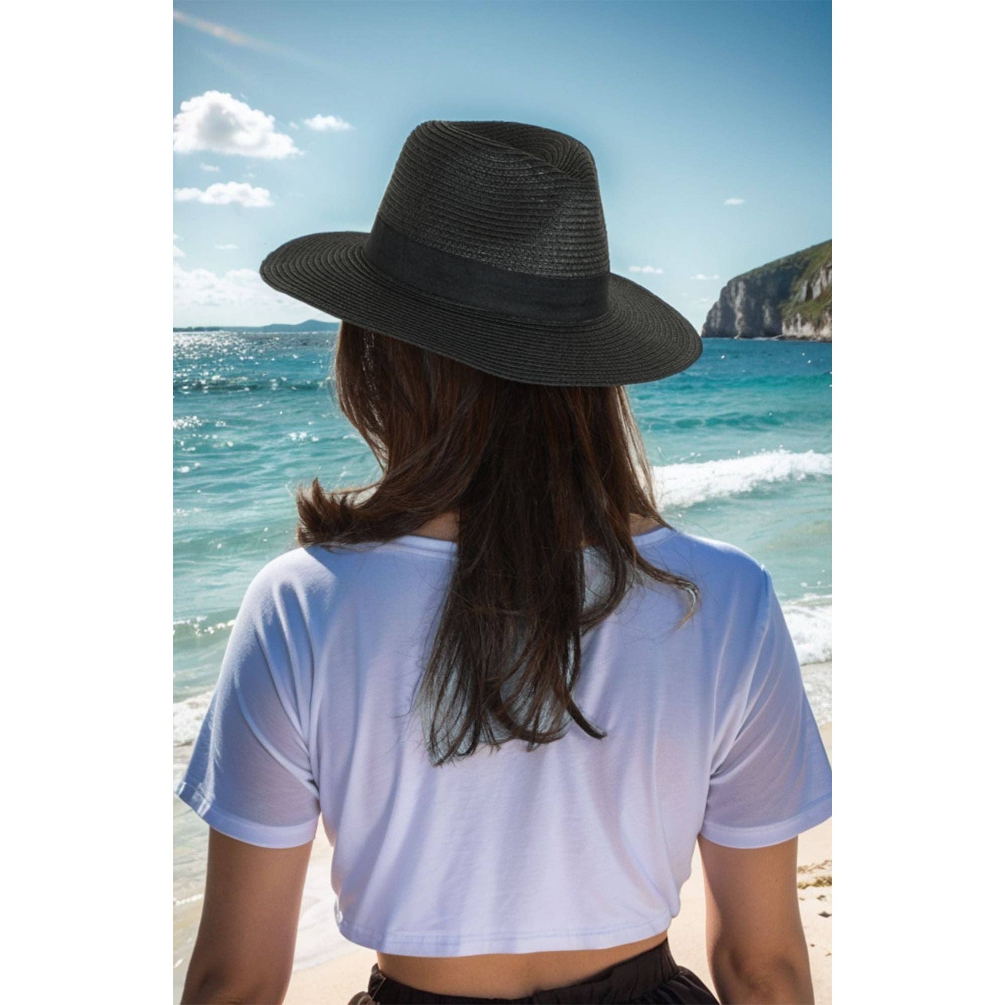 AK Brand - Wholesale Straw Hat - Women's - Wide Brim Straw Fedora Sun Hat Black Band Panama UV Hat7