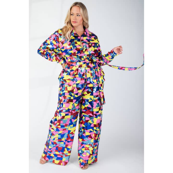 PLUS SIZE PAILLETTER MED SKJORTE OG BUKSESÆT MED KNAPPER for engroshandel hos The Curve LA
