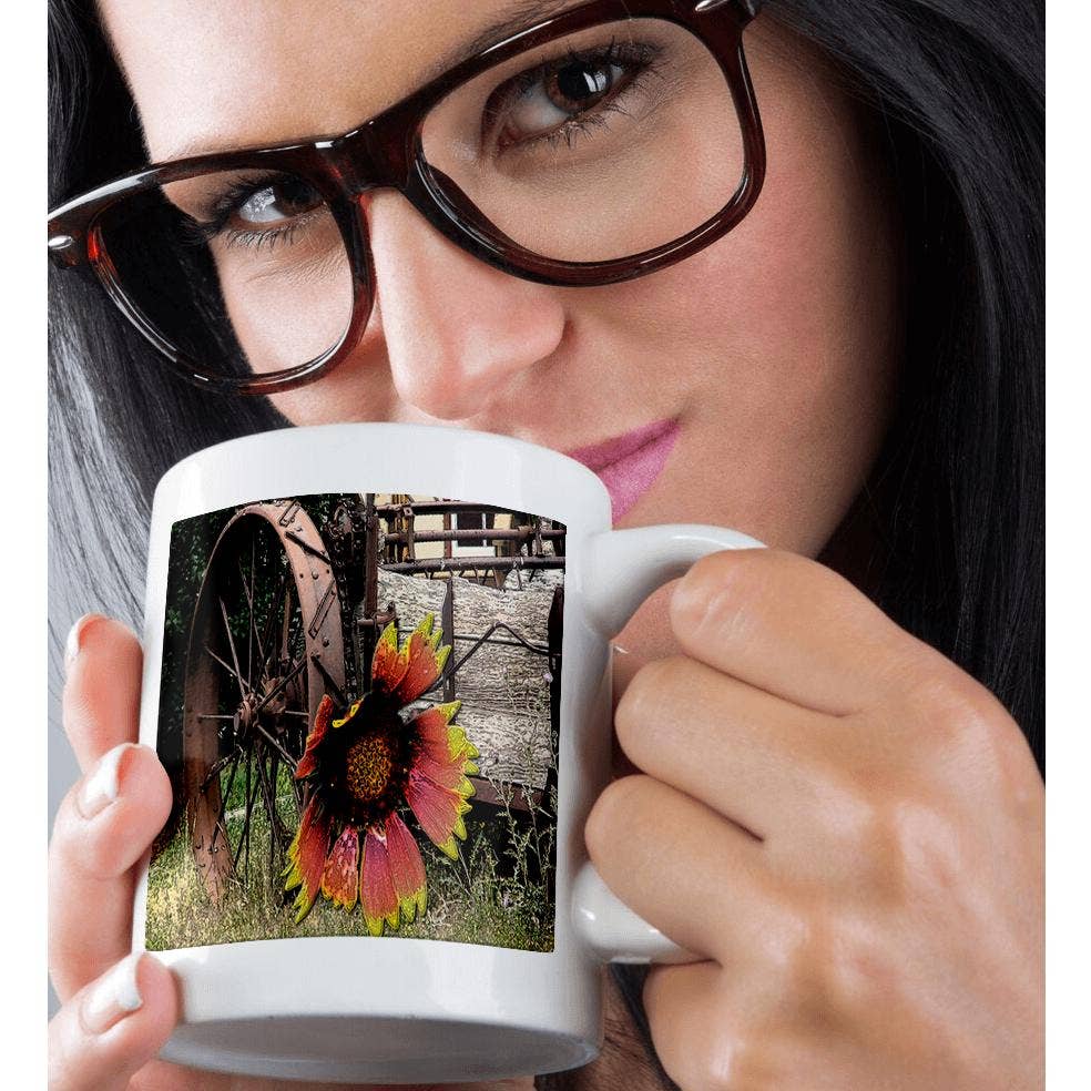 3dRose - Wholesale Coffee Mug - 3dRose, A Wheel from an old Rustic Wagon with a pink and yellow flower on top, Mug9