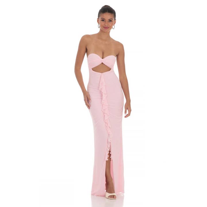 Abito lungo con volant e ritagli in rete rosa per la vendita all'ingrosso da parte di Lucy In The Sky