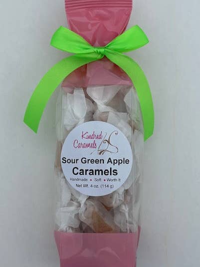 Sour Green Apple Caramels, 4 oz. for wholesale by Kindred Caramels