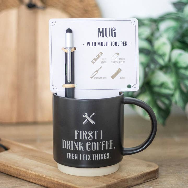 Something Different Wholesale - Wholesale Coffee Mug - First I Drink Coffee Father's Day Mug with Multi-tool Pen