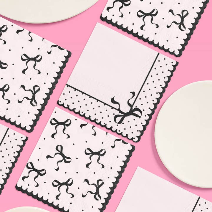 xo, Fetti - Wholesale Disposable Napkin - White Black Bow Cocktail Napkins | 24 Pack 3-Ply4