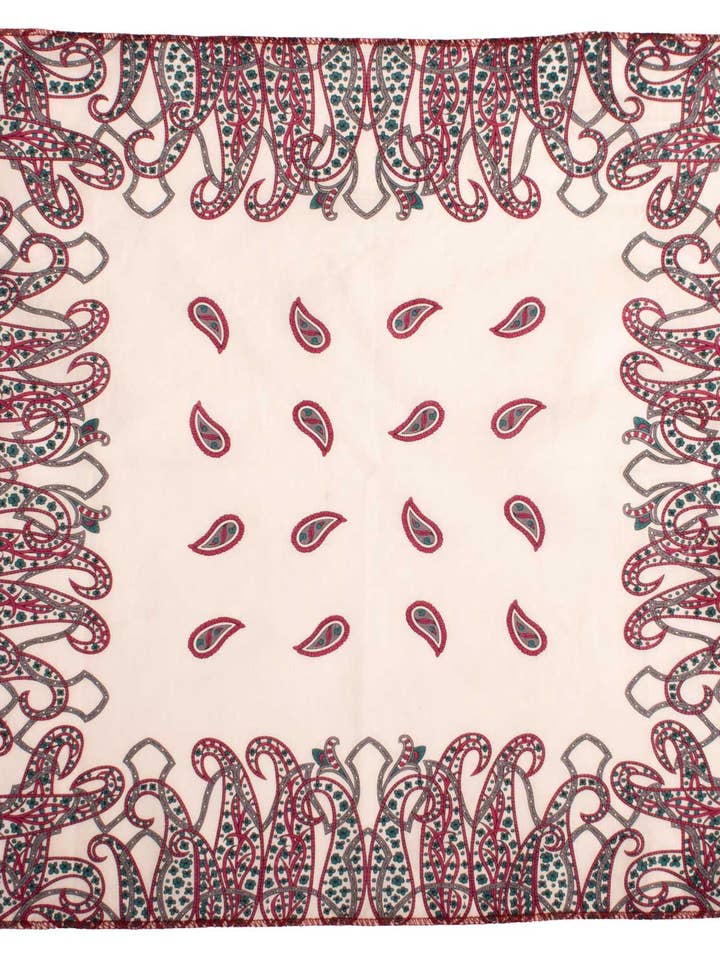 Vintage pochet van katoen, gebroken wit, paisley magenta, grijs, groen POCV1075 voor wholesale door Graffeo Cravatte