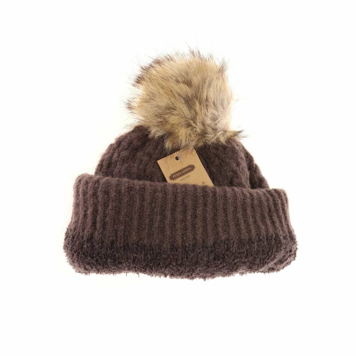 C.C Beanie - Wholesale Beanie - Women's - Solid Smocked Stitch Fur Pom C.C Beanie HAT2080