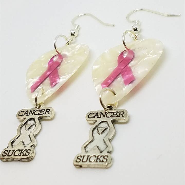 Simply Raevyn - Wholesale Dangle Earrings - Cancer Sucks Pink Ribbon Guitar Pick Earrings