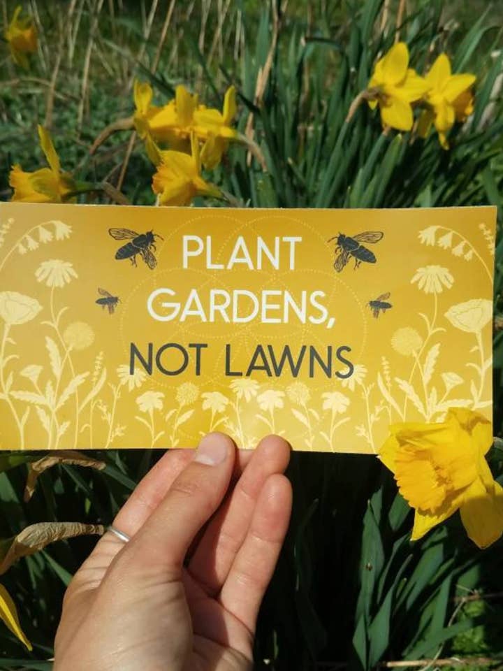 Plant Gardens Not Lawns - Vinyl Bumper Sticker for wholesale by Cyclical Roots by Rachael Amber