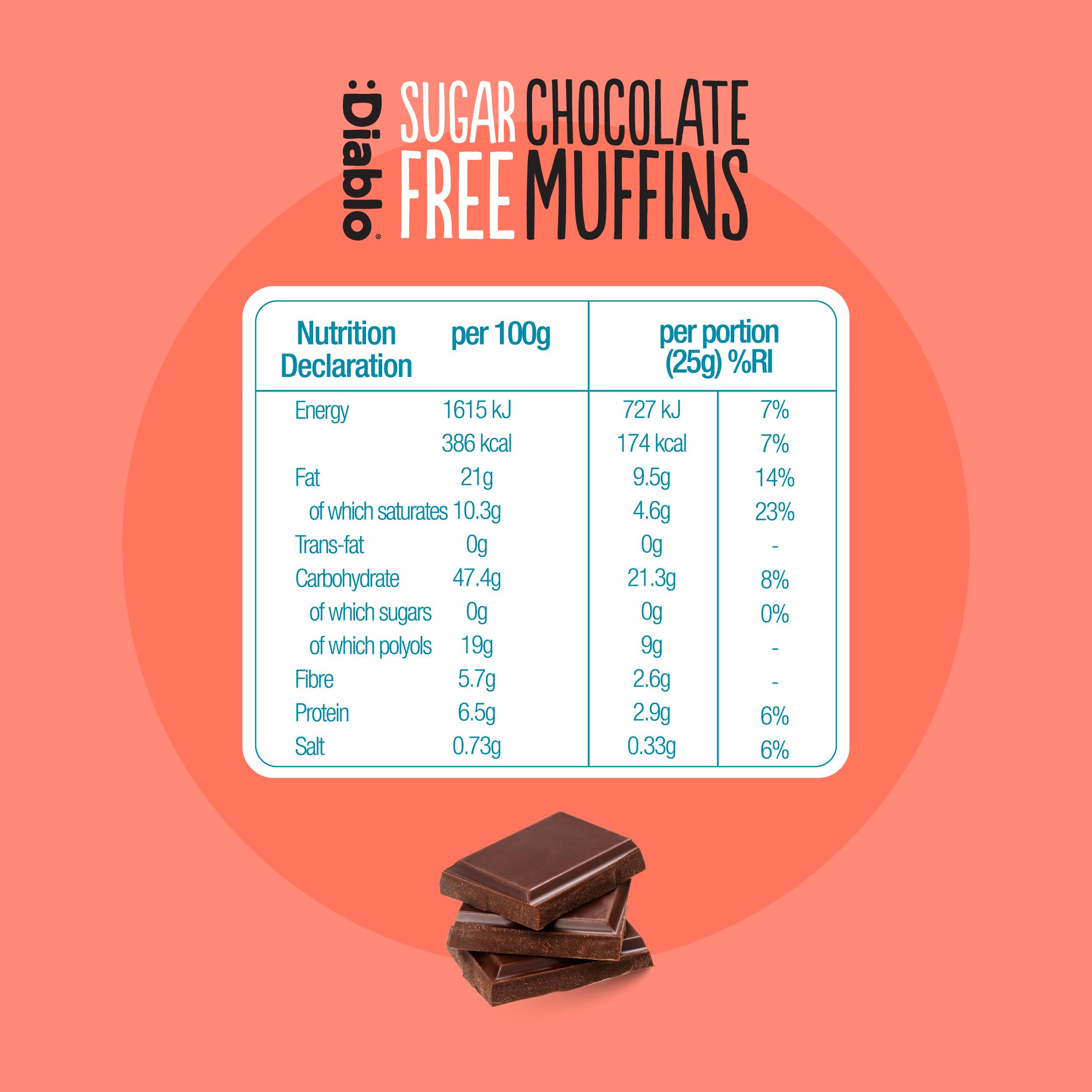 Diablo Sugar Free – wholesale Chocolate bar – Diablo Single Choclate 
Muffin 45g2